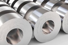 Warehouse of steel rolls. Steel sheets in rolls, rolled metal products. 3d illustration.